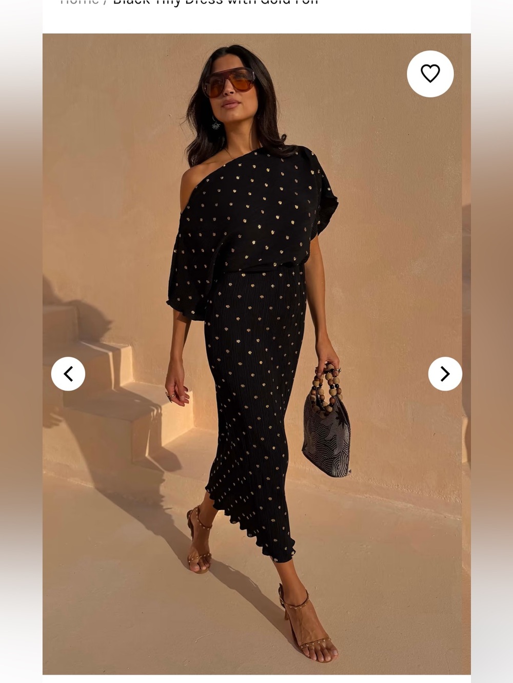 Never Fully Dressed Black One-Shoulder Dress with Gold Dot Detail